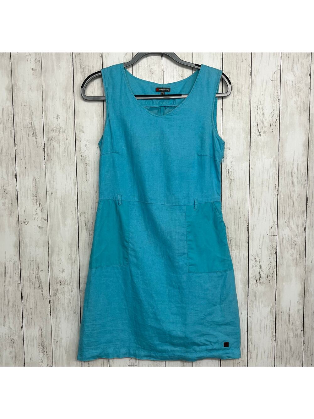 Street One Linen Blue Sleeveless Lined Pockets Knee Length Summer Dress 10